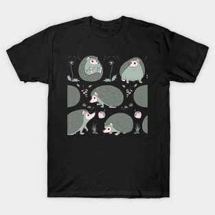 Hedgehogs Among the Flowers Pattern in Grey and Peach T-Shirt